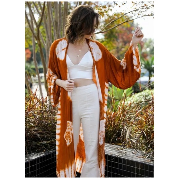 Rust Tie Dye Kimono Duster Wrap Coverup - Picture 2 of 4